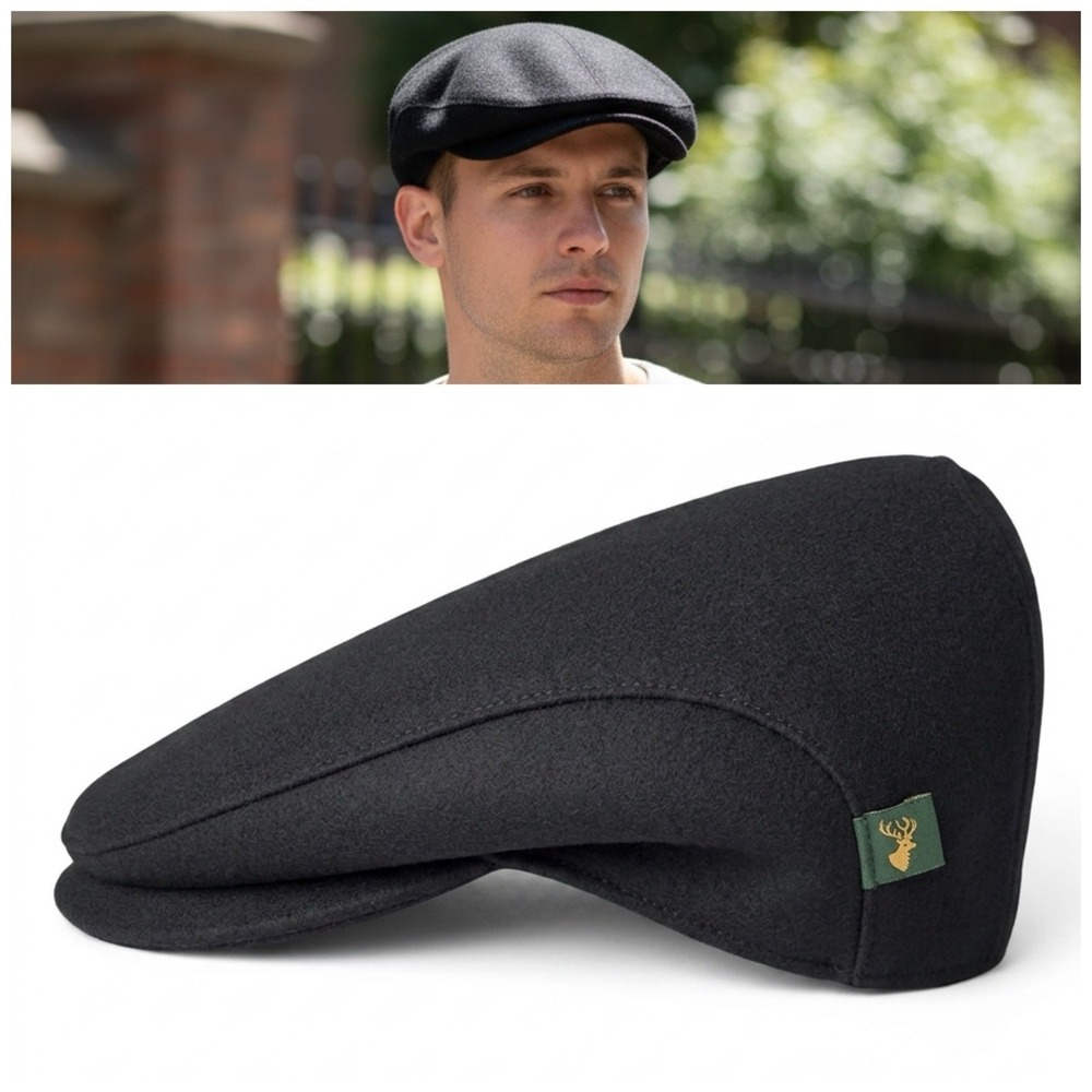 Mucros Weavers Newsboy Flat Cap Mens Large Black Trinity Wool Tweed Ireland